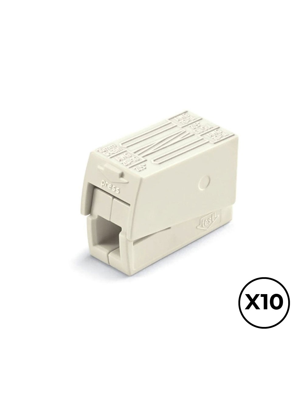 Conector rápido en linea presilla 3 vias, 2 rígidos + 1 rígido, semirígido o flexible ø máximo 2,5 mm, blanco, 10 uds