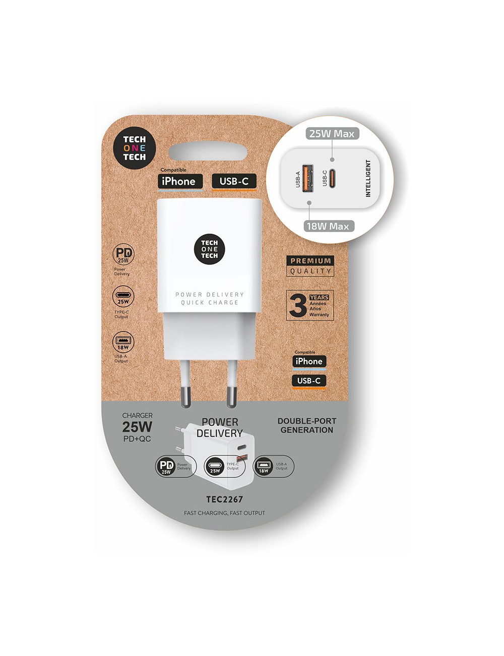 Cargador ultrarrápido 25 w usb-c + usb-a pd, blanco