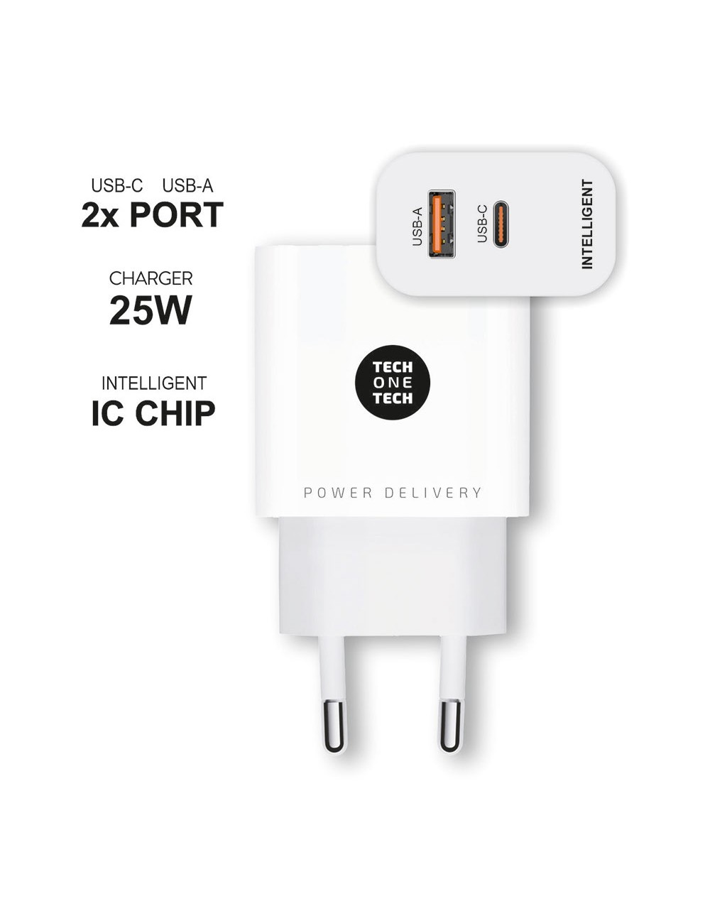 Cargador ultrarrápido 25 w usb-c + usb-a pd, blanco