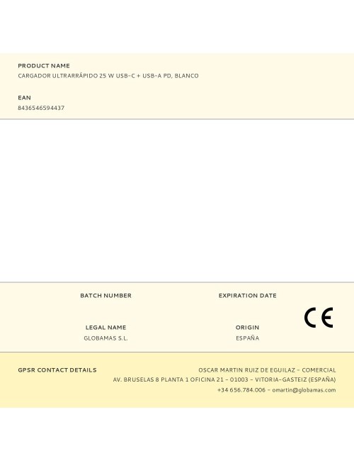 Cargador ultrarrápido 25 w usb-c + usb-a pd, blanco