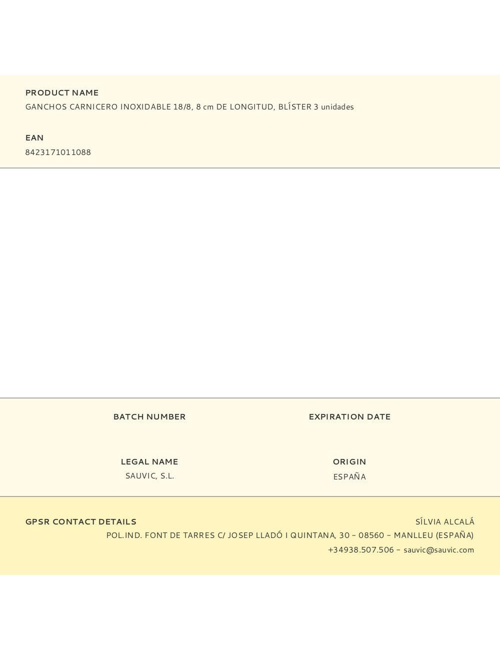 Ganchos carnicero inoxidable 18/8, 8 cm de longitud, blíster 3 unidades