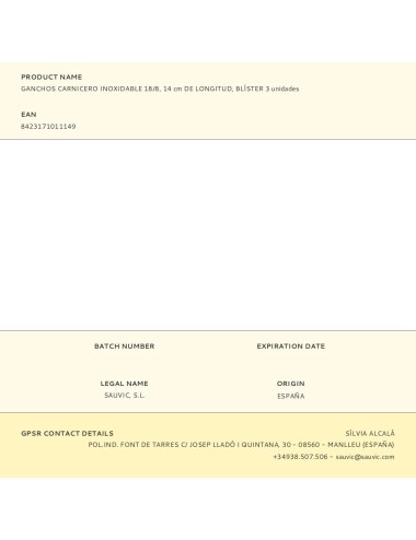 Ganchos carnicero inoxidable 18/8, 14 cm de longitud, blíster 3 unidades