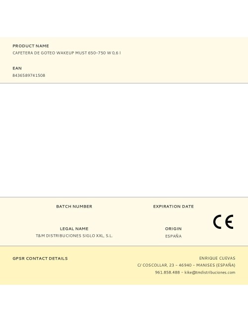 Cafetera de goteo wakeup must 650-750 w 0,6 l