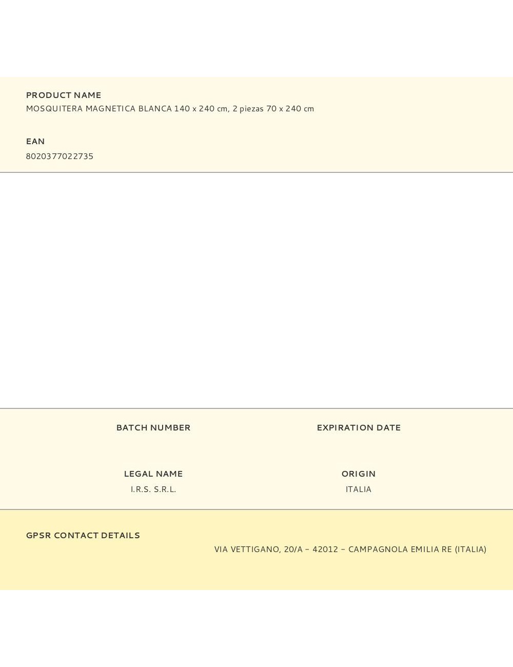 Mosquitera magnetica blanca 140 x 240 cm, 2 piezas 70 x 240 cm