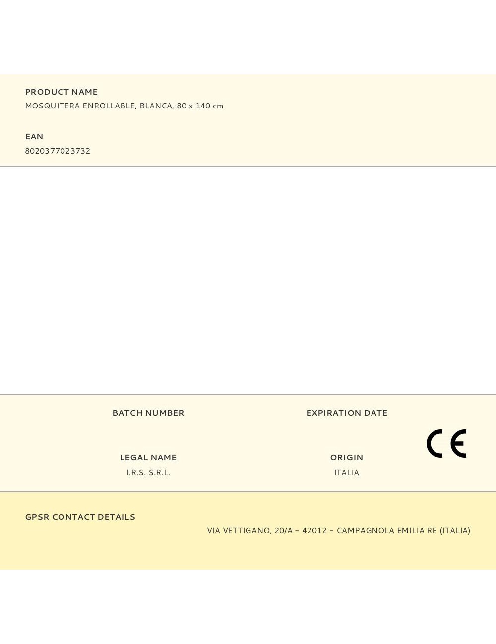 Mosquitera enrollable, blanca, 80 x 140 cm