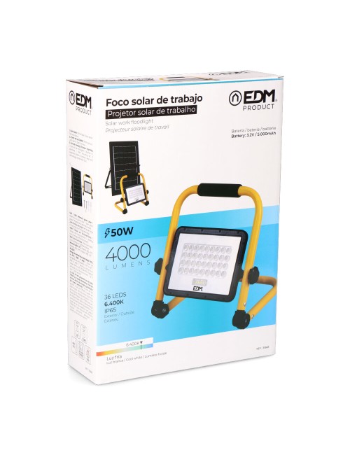 Foco proyector led solar de trabajo + panel solar 4000 lm, 6.400 k, luz fría, ip65