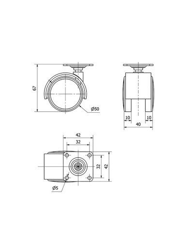 Rueda giratoria con placa y eje liso, color negro / gris, carga máx. 50 kg, 42 x 42 mm, ø 5 cm