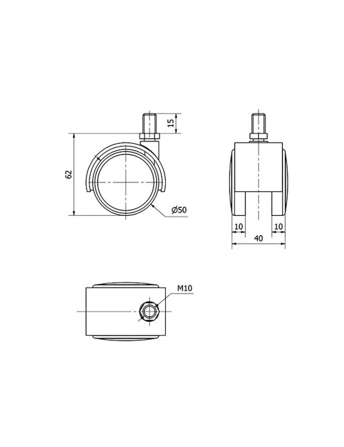 Rueda giratoria espiga roscada y eje liso, color negro / gris, carga máx. 50 kg, 10 x 15 mm, ø 5 cm