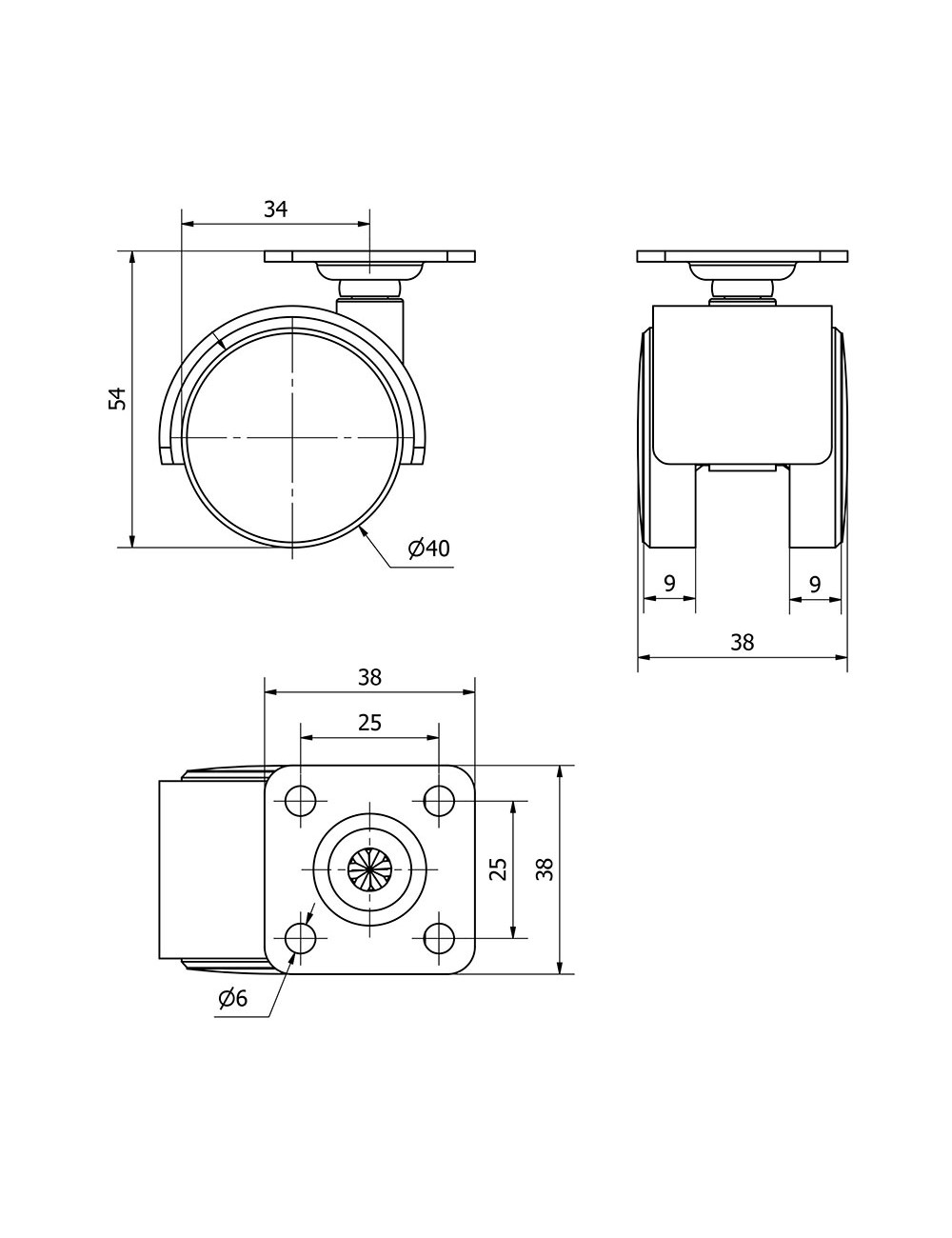 Rueda giratoria con placa y eje liso, color negro, carga máx. 20 kg, ø 4 cm