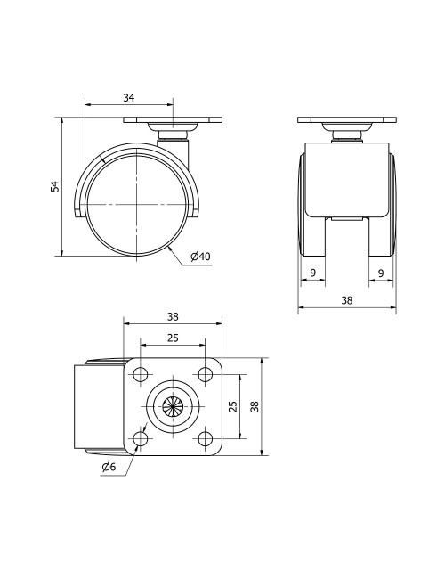 Rueda giratoria con placa y eje liso, color negro, carga máx. 20 kg, ø 4 cm
