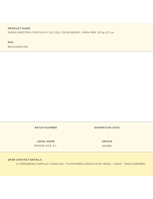 Rueda giratoria con placa y eje liso, color negro, carga máx. 50 kg, ø 5 cm