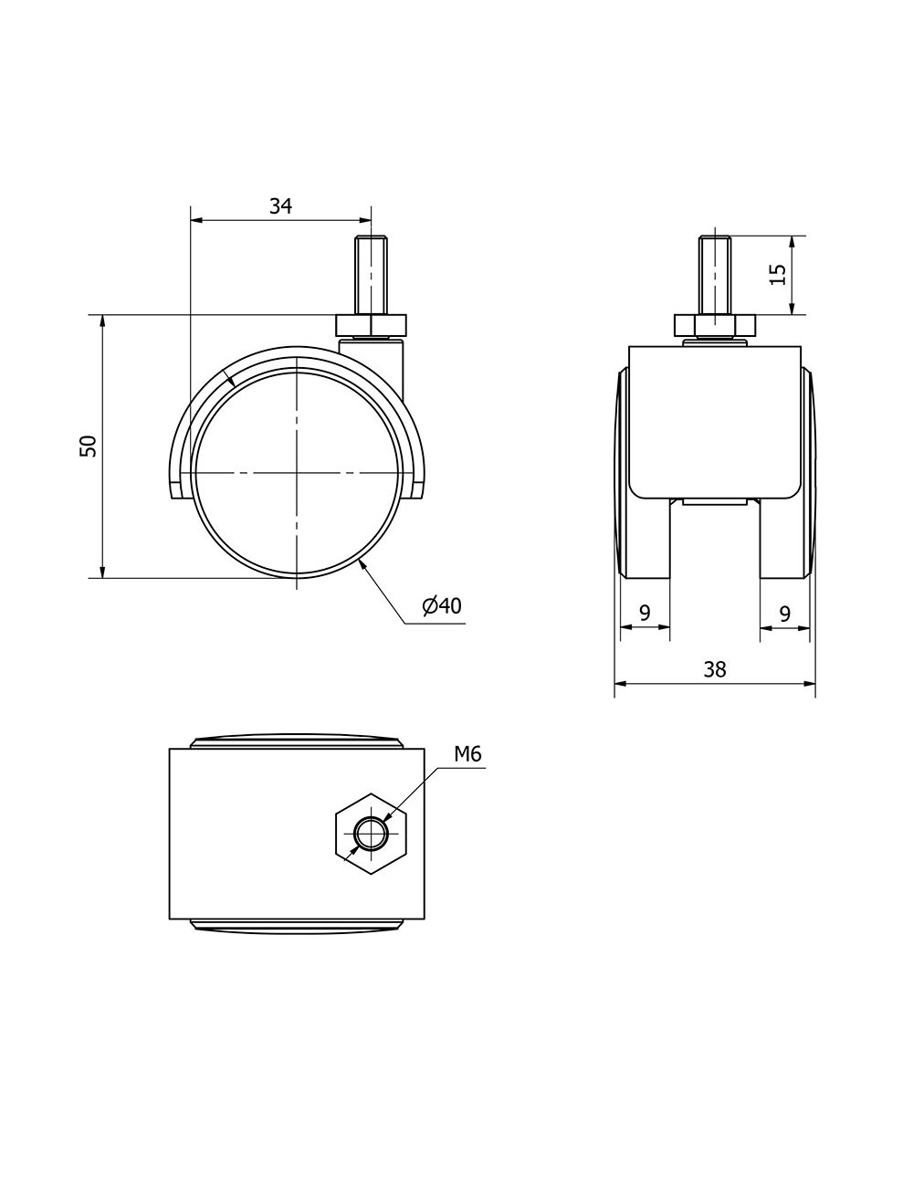 Rueda giratoria espiga roscada y eje liso, color negro, carga máx. 20 kg, 6 x 15 cm, ø 4 cm