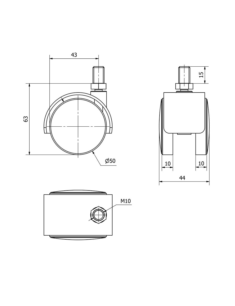 Rueda giratoria espiga roscada y eje liso, color negro, carga máx. 50 kg, 10 x 15 cm, ø 5 cm