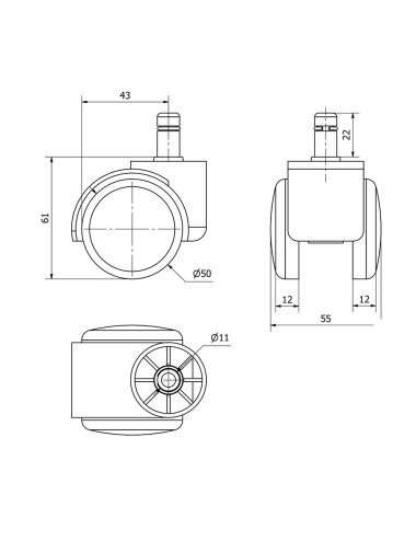 Rueda giratoria espiga lisa y eje liso, color negro, carga máx. 50 kg, 11 x 12 cm, ø 5 cm