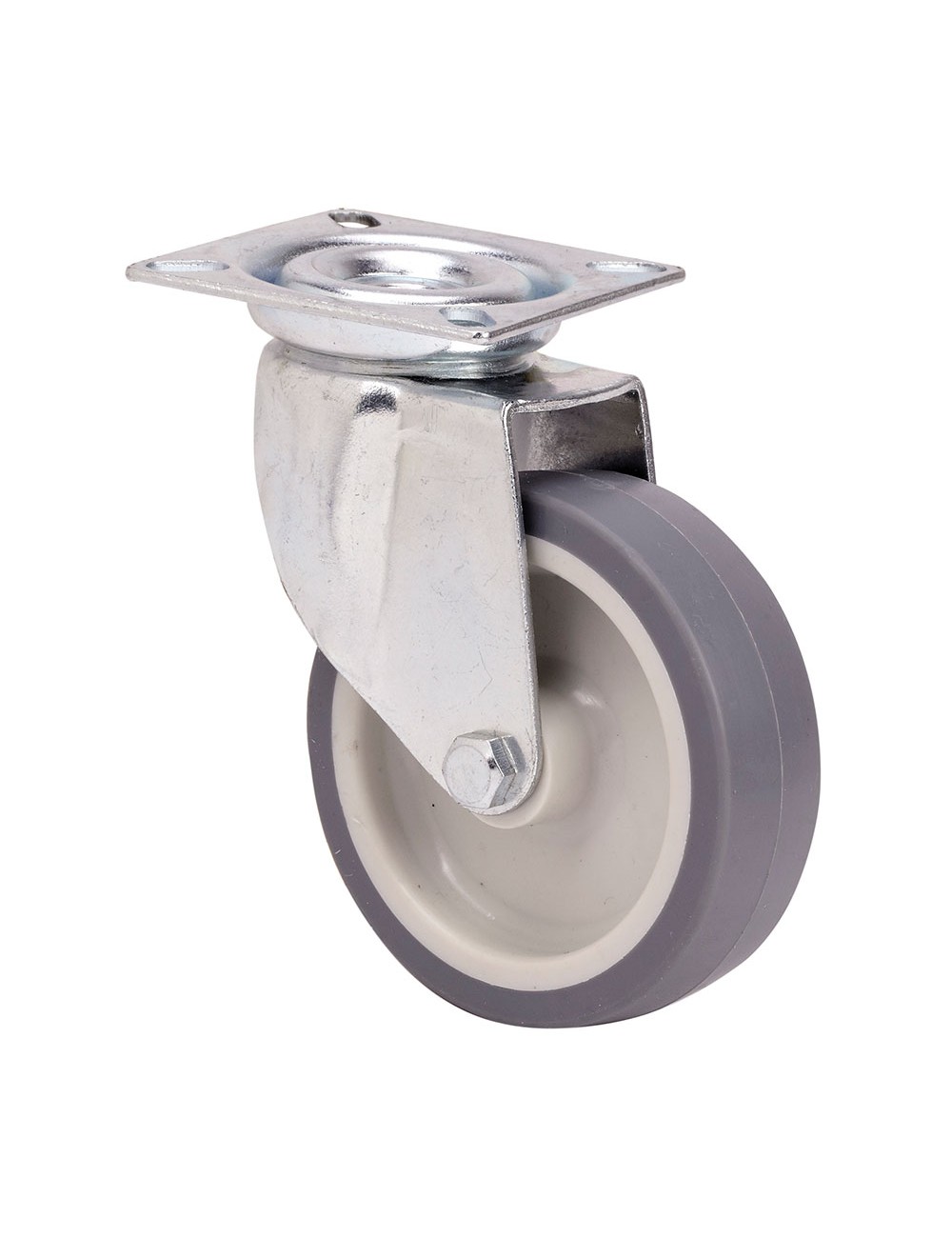 Rueda giratoria de goma con placa y eje liso, color gris, carga máx. 40 kg. ø 5 cm