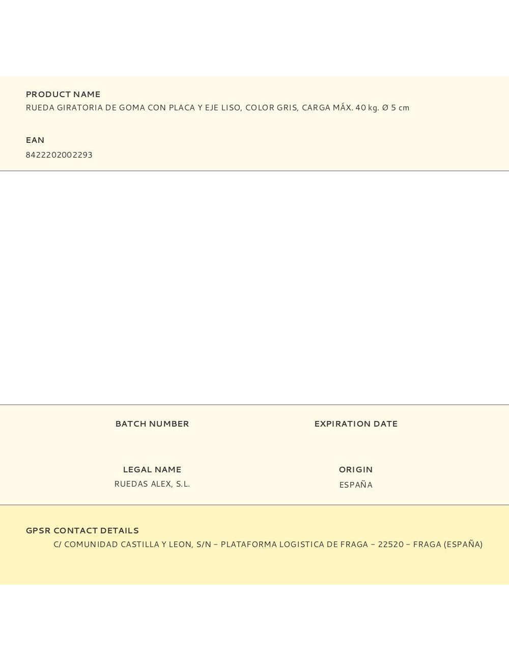 Rueda giratoria de goma con placa y eje liso, color gris, carga máx. 40 kg. ø 5 cm