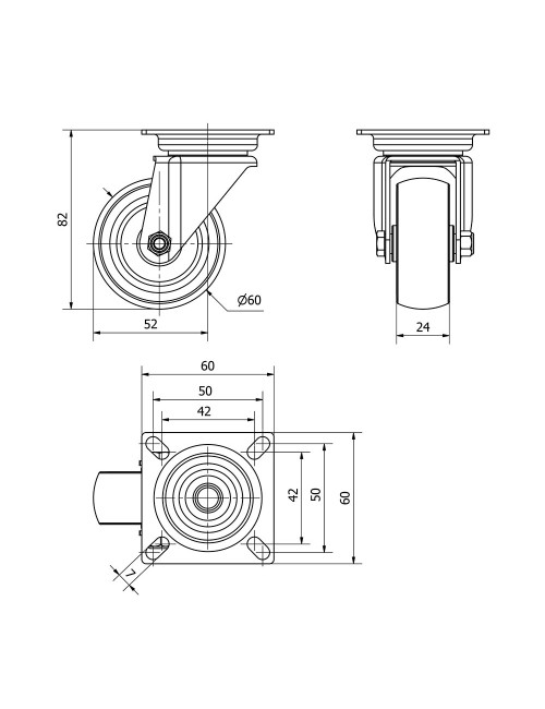Rueda giratoria de goma con placa y eje liso, color gris, carga máx. 50 kg, ø 6 cm