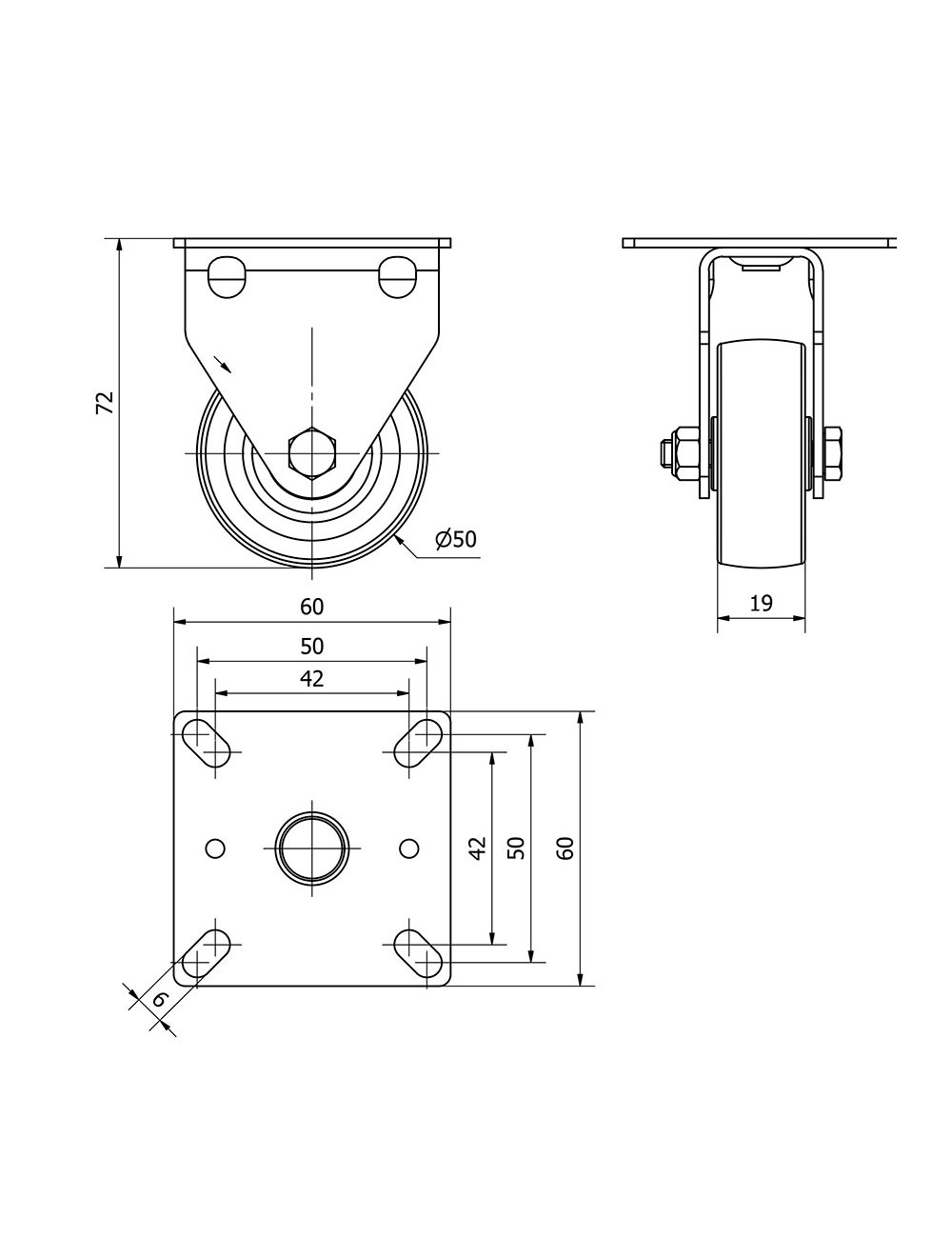 Rueda fija de goma con placa y eje liso, color gris, carga máx. 40 kg, ø 5 cm