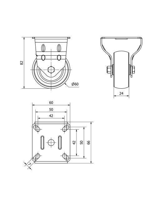 Rueda fija de goma con placa y eje liso, color gris, carga máx. 50 kg, ø 6 cm