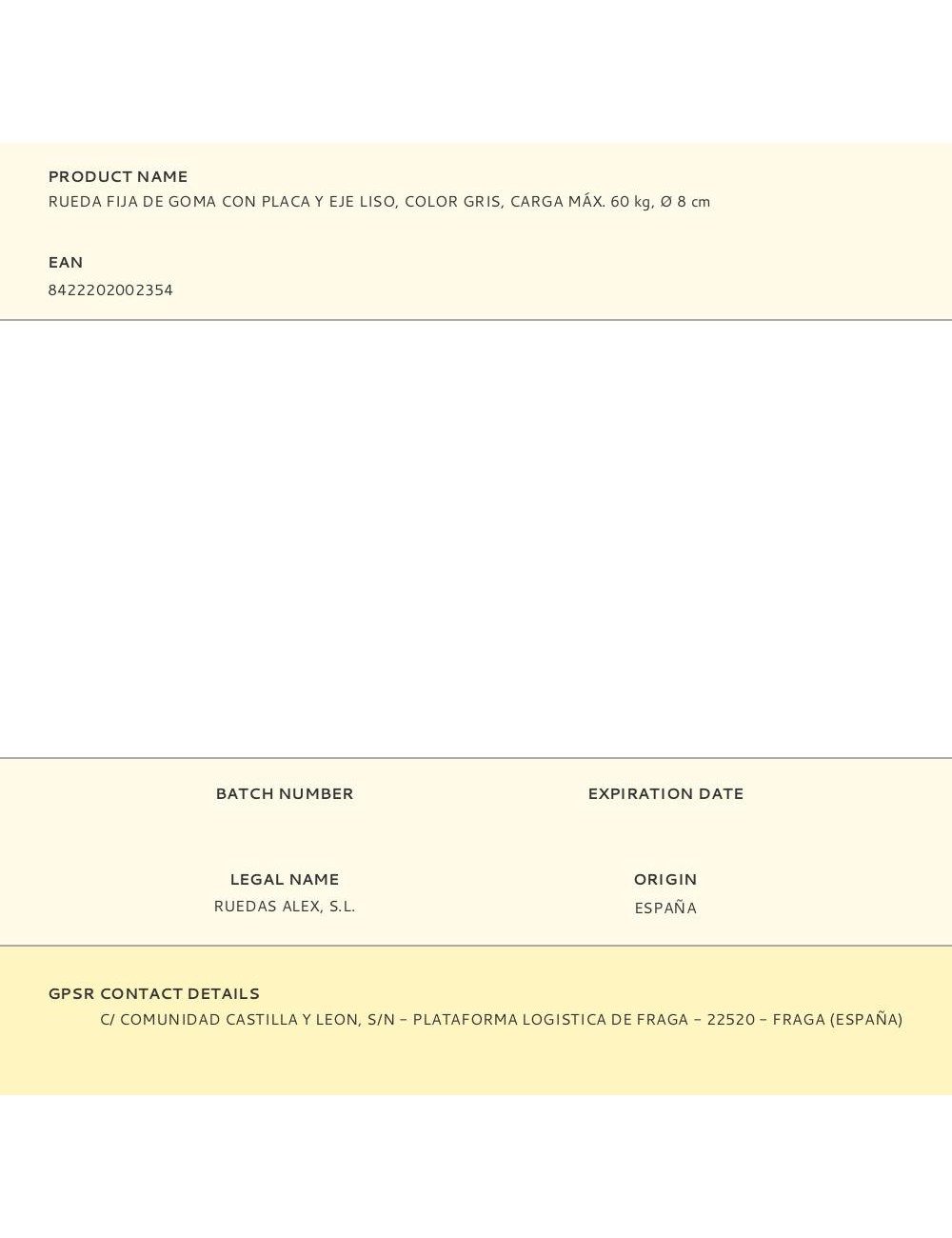 Rueda fija de goma con placa y eje liso, color gris, carga máx. 60 kg, ø 8 cm