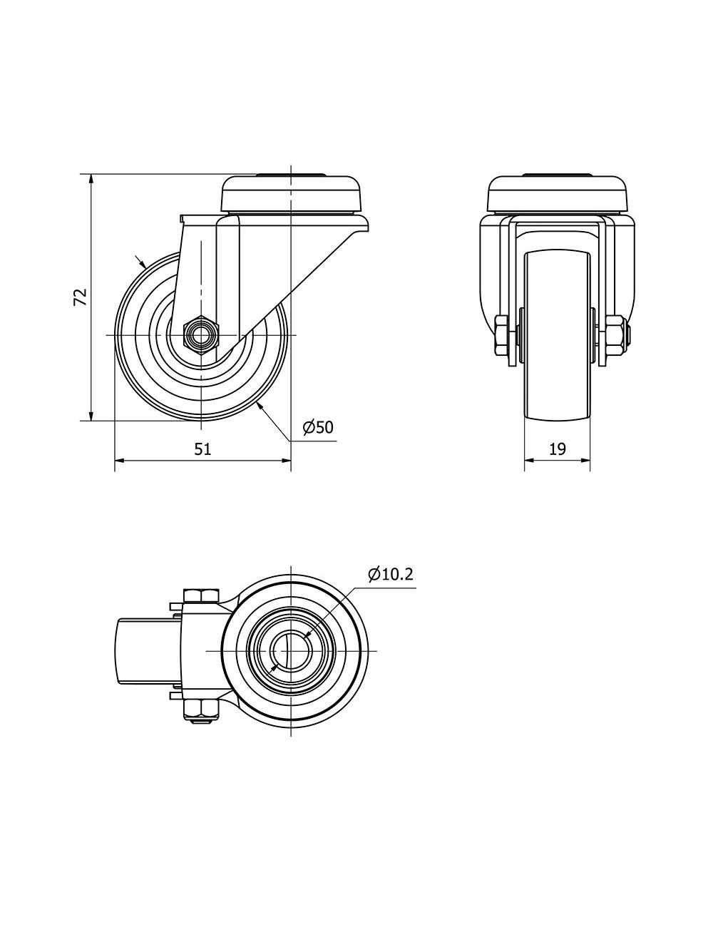 Rueda giratoria de goma con eje liso y agujero, color gris, carga máx 40 kg, ø 5 cm
