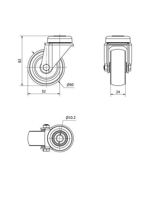 Rueda giratoria de goma con eje liso y agujero, color gris, carga máx 50 kg, ø 6 cm