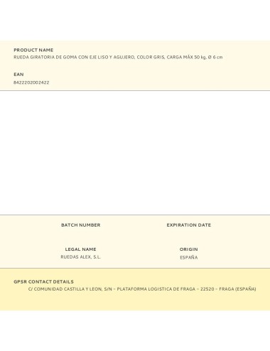 Rueda giratoria de goma con eje liso y agujero, color gris, carga máx 50 kg, ø 6 cm