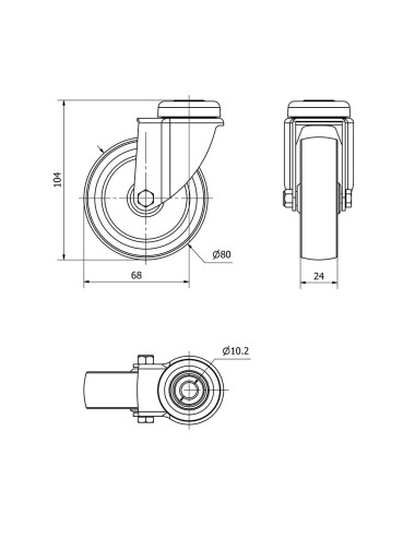 Rueda giratoria de goma con eje liso y agujero, color gris, carga máx 60 kg, ø 8 cm