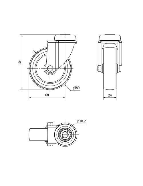 Rueda giratoria de goma con eje liso y agujero, color gris, carga máx 60 kg, ø 8 cm