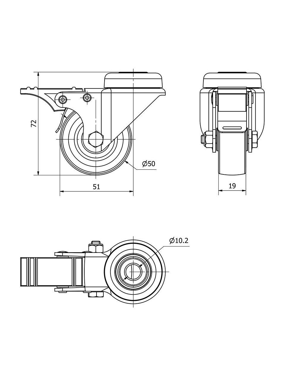 Rueda giratoria de goma con agujero, eje liso y freno, color gris, carga máx. 40 kg, ø 5 cm
