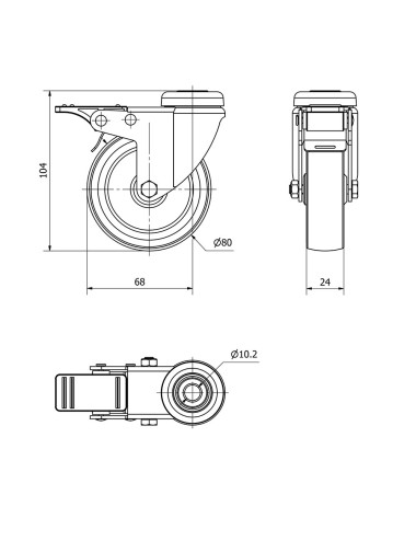 Rueda giratoria de goma con agujero, eje liso y freno, color gris, carga máx. 60 kg, ø 8 cm