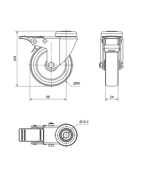 Rueda giratoria de goma con agujero, eje liso y freno, color gris, carga máx. 60 kg, ø 8 cm