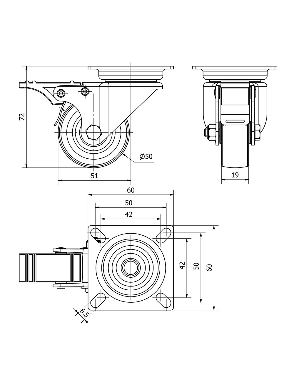 Rueda giratoria de goma con placa, eje liso y freno, color gris, carga máx. 40 kg, ø 5 cm