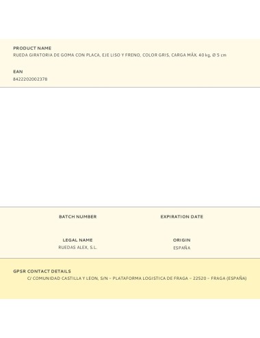 Rueda giratoria de goma con placa, eje liso y freno, color gris, carga máx. 40 kg, ø 5 cm