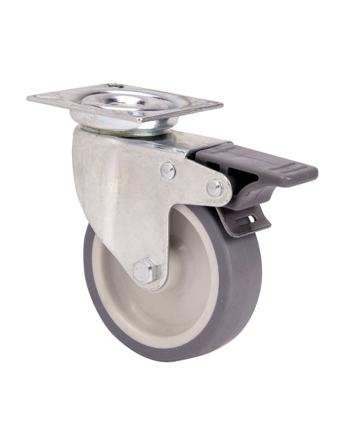 Rueda giratoria de goma con placa, eje liso y freno, color gris, carga máx. 50 kg, ø 6 cm