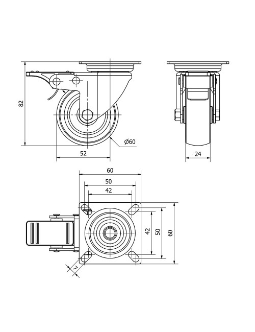 Rueda giratoria de goma con placa, eje liso y freno, color gris, carga máx. 50 kg, ø 6 cm
