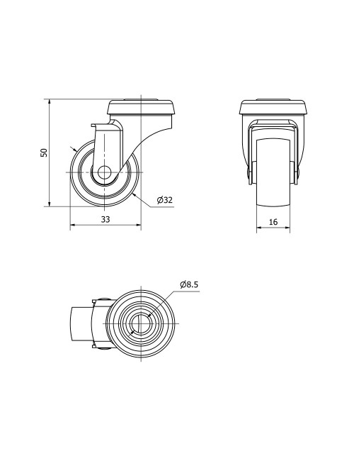 Rueda giratoria con agujero y eje liso, color gris, carga máx. 15 kg, ø 3 cm
