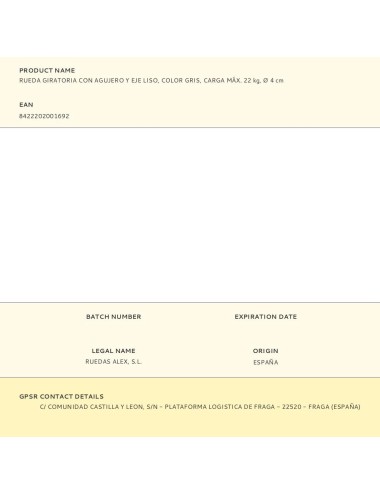 Rueda giratoria con agujero y eje liso, color gris, carga máx. 22 kg, ø 4 cm