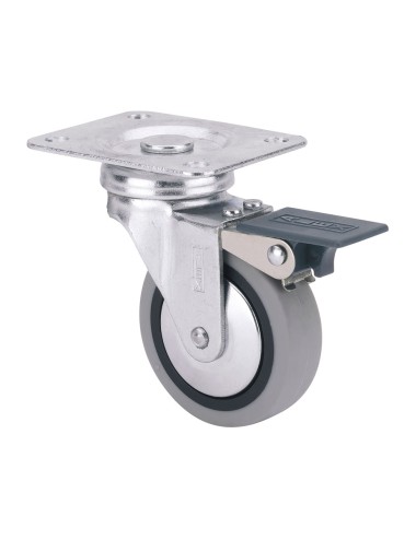 Rueda giratoria de goma con placa, freno y eje liso, color gris, carga máx. 17 kg, ø 4 cm