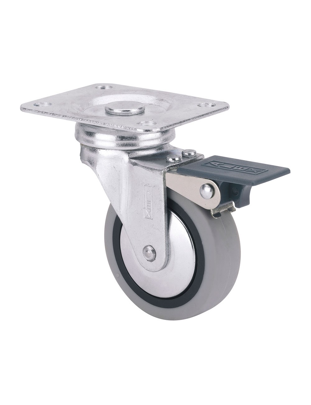 Rueda giratoria de goma con placa, freno y eje liso, color gris, carga máx. 17 kg, ø 4 cm