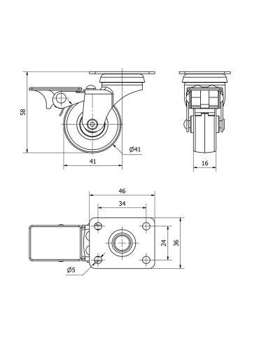 Rueda giratoria de goma con placa, freno y eje liso, color gris, carga máx. 17 kg, ø 4 cm