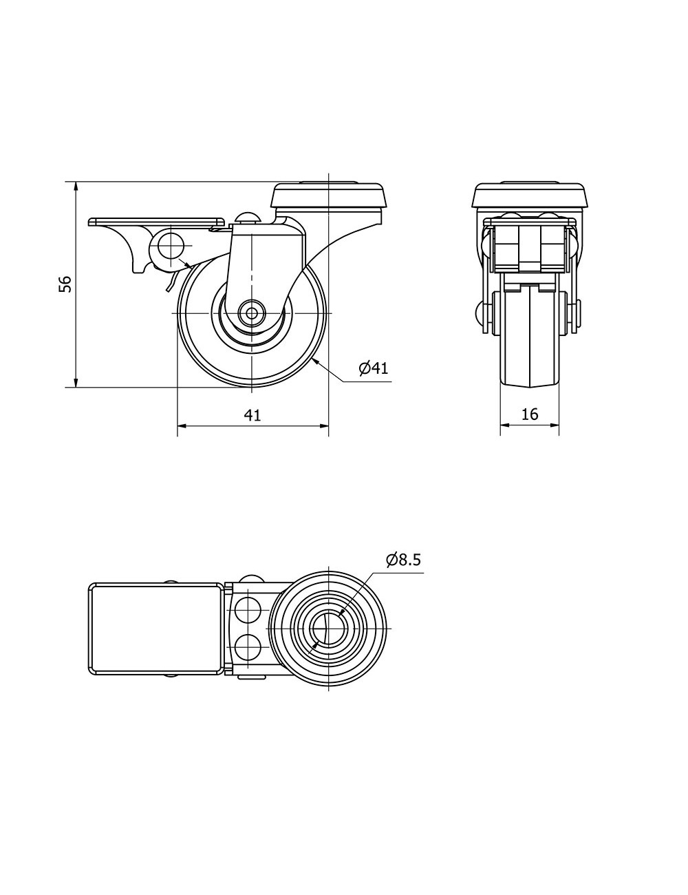Rueda giratoria de goma con agujero, freno y eje liso, color gris, carga máx. 17 kg, ø 4 cm