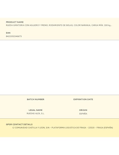 Rueda giratoria con agujero y freno, rodamiento de bolas, color naranja, carga máx. 100 kg, ø 3,5 cm