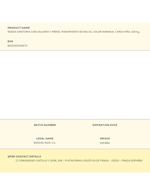 Rueda giratoria con agujero y freno, rodamiento de bolas, color naranja, carga máx. 100 kg, ø 3,5 cm