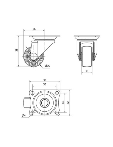 Rueda giratoria con placa y eje liso, color negro, carga máx. 10 kg, ø 2,5 cm
