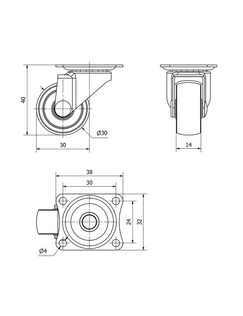 Rueda giratoria con placa y eje liso, color negro, carga máx. 18 kg, ø 3 cm