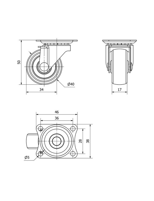 Rueda giratoria con placa y eje liso, color negro, carga máx. 20 kg, ø 4 cm
