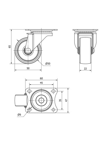 Rueda giratoria con placa y eje liso, color negro, carga máx. 30 kg, ø 5 cm