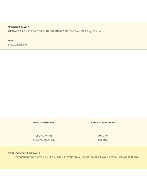 Rueda fija con placa y eje liso, color negro, carga máx. 20 kg, ø 4 cm