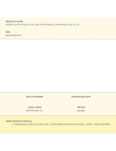 Rueda fija con placa y eje liso, color negro, carga máx. 30 kg, ø 5 cm